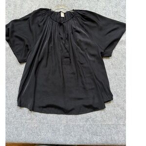 H&M Peasant Blouse Womens XL Black Excellent Short Butterfly Sleeve Tie Neck